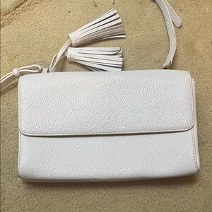 DKNYC White Leather Clutch with Tassels